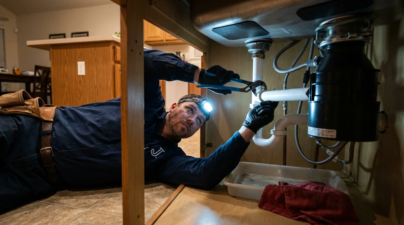 P-trap and supply line connections under a kitchen sink showing a common leak point in Sells, AZ